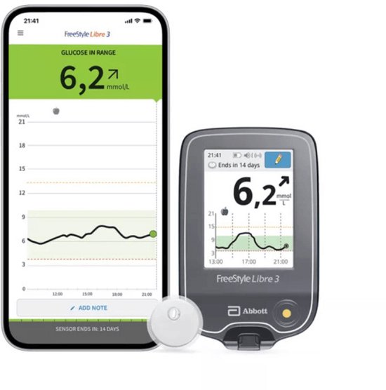 Een glucosemeter, een ronde sensor en een smartphone met de Freestyle Libre 3 app. De meter toont "6,2" en een grafiek.