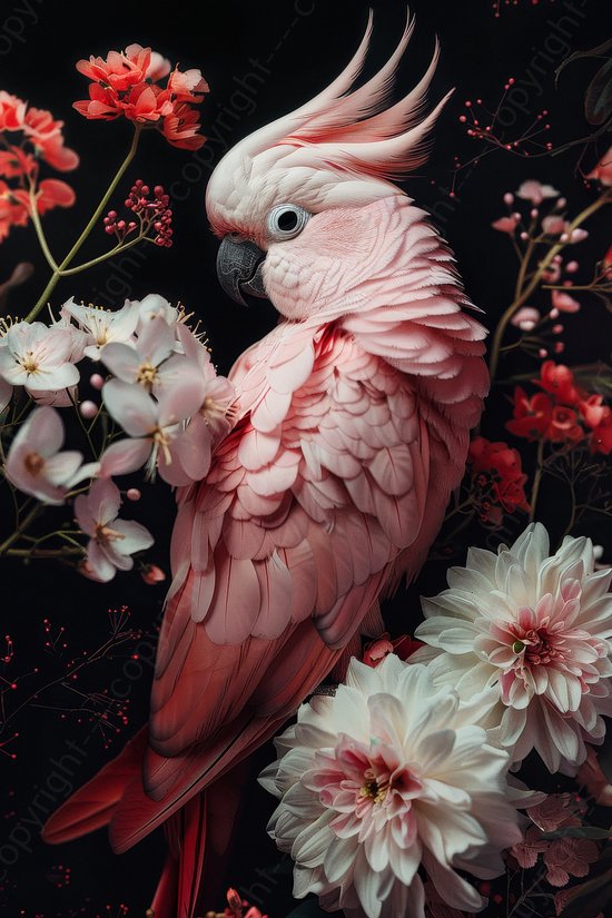 K&C Art (Glasschilderij) 60x90cm | Kaketoe met bloemen - papegaai - vogel - dier - roze - zwart - wit - modern - kunst | Woonkamer - slaapkamer - hal - kantoor | Foto schilderij print op acrylglas - wanddecoratie - muurdecoratie - wall art