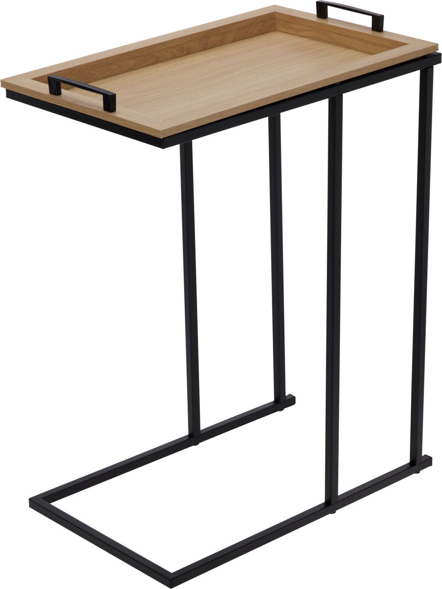 In & Out Deco bijzettafel - banktafel metaal zwart - met houten dienblad - 60x45x28 cm