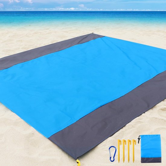 Tapis de plage anti-sable, grande couverture de plage avec 4 poteaux pour 1 à 5 Adultes, 210 x 200 cm, lavable en machine avec bord renforcé pour la plage, le Camping et la Marche.