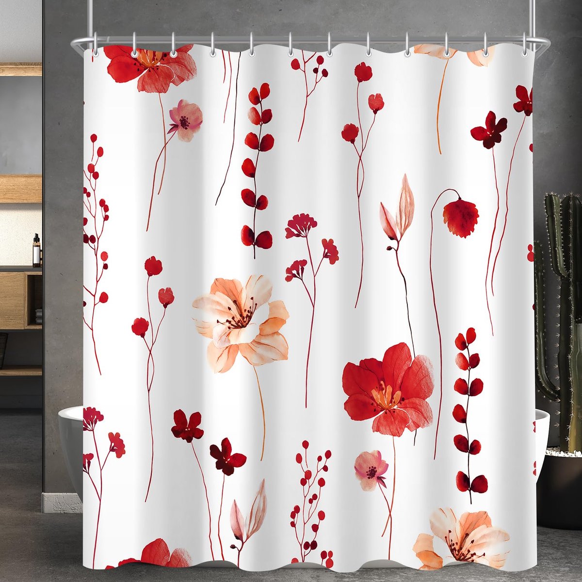 Ibenzoa® Modern Douchegordijn met Rode Patronen en Antibacteriële Coating voor Badkamers van 180x160 cm