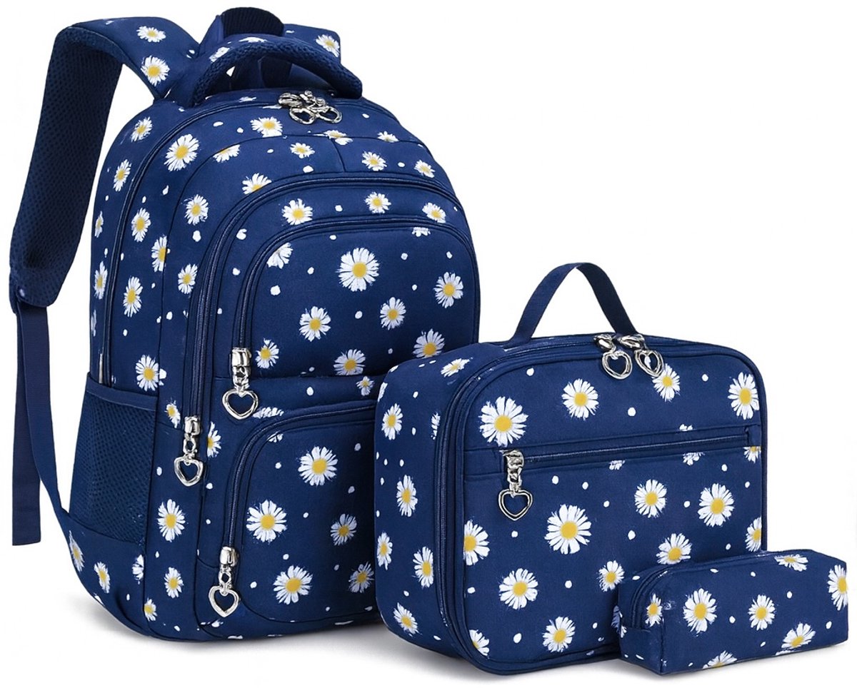 Ultiluxe® Rugzak met madeliefjesprint - Blauw/wit - Rugtas, lunchtas en etui - Schoolrugzak voor kinderen - Madeliefjes schoolrugtas - 15.6 inch laptoptas - 30 x 17 x 44 cm - Meiden school tassen set - 22 L - Schooltas voor meisjes
