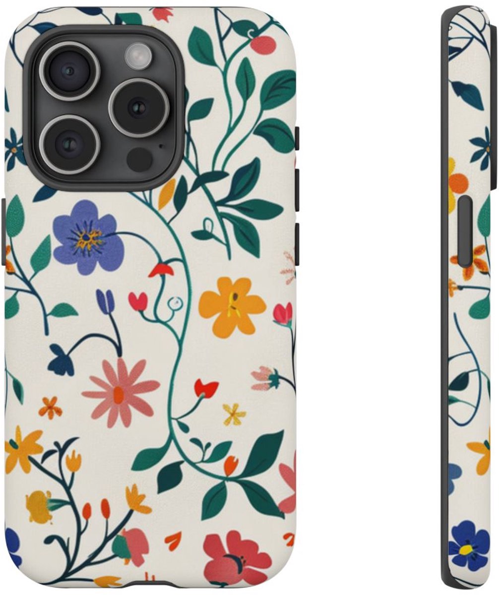 Kleurrijk Bloemenpatroon met Klimop – Telefoonhoesje Geschikt voor iPhone 15 Pro