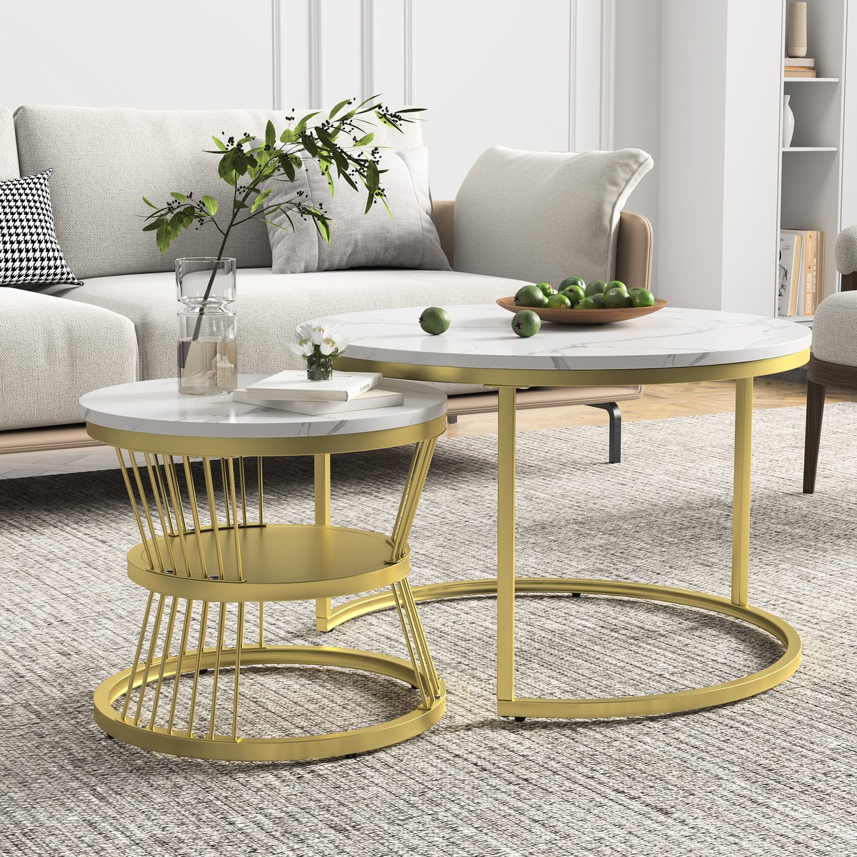Moderne salontafel set van 2,Ronde salontafel 70x45,5 cm, 45x40 cm, tafel met wit blad en gouden pootondersteuning, set van 2 ronde salontafels ingebouwd in de zijkant van de bank (wit blad + gouden poot)