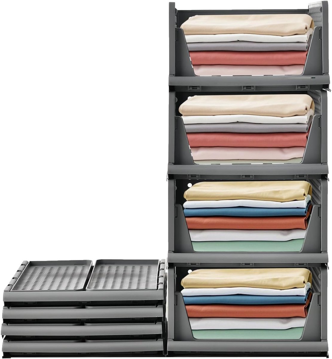 Kleding organizer - opvouwbare - Kunststof - 43 x 33 x 18 cm - Set van 4 - 70% ruimte - grijs