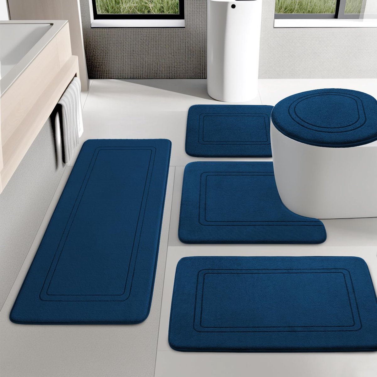 Chakme badkamermatset, antislip badmat, wasbare badmattenset (5 stuks), zachte badmat van traagschuim en U-vormig toiletmatje, marineblauw