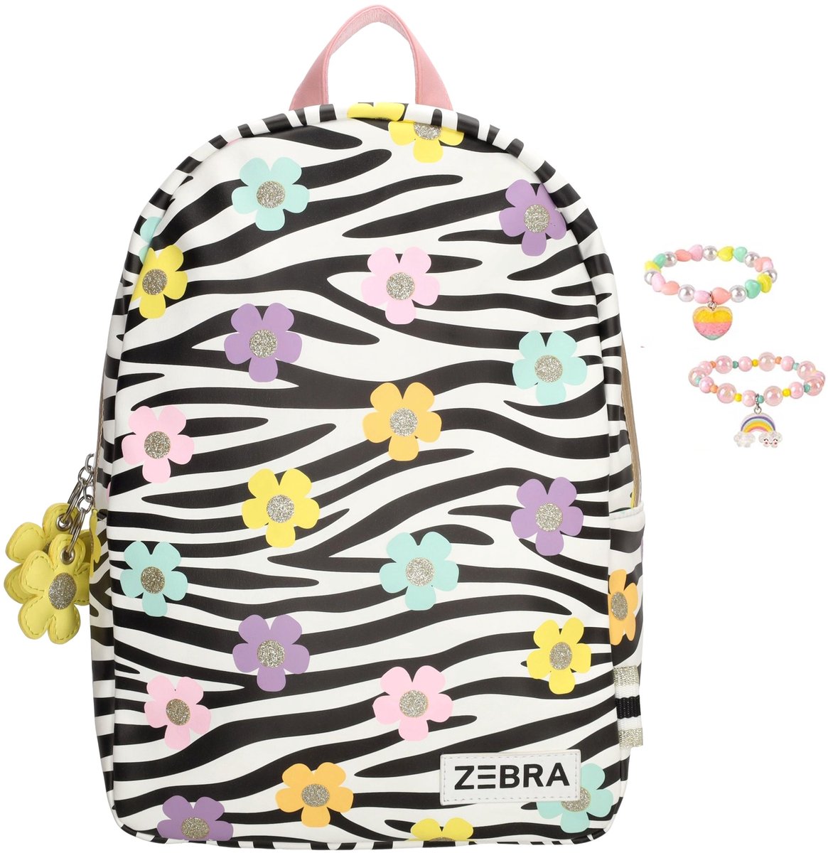 Zebra Rugzak Flowers Pleun, bloemmotief - kinderrugtas, rugtas, kinderrugzak, schooltas + armbandje
