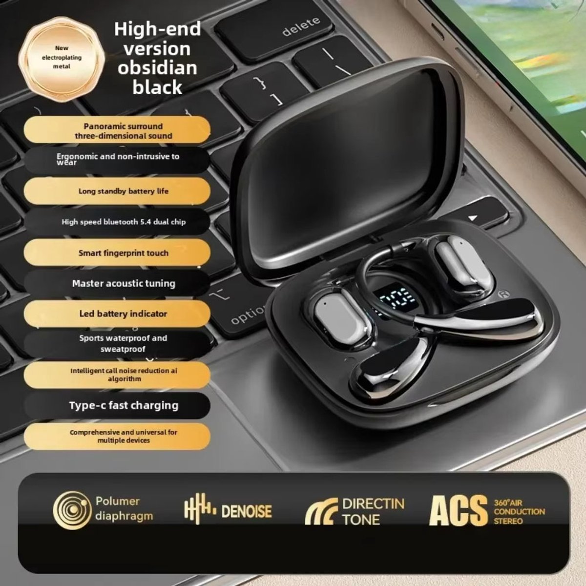 Draadloze Koptelefoon met Oorhaak – Bluetooth 5.3, HiFi Stereo Geluid, Touch Control, Lange Accuduur, Lage Latentie – Sport Oordopjes, Gaming Headset, Draadloze Oortjes