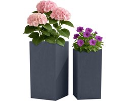 CLP Set van 2 vierkante bloempotten - voor binnen en buiten - weerbestendig vorstbestendig - steenlook - plantenbakken - fiberclay - antraciet