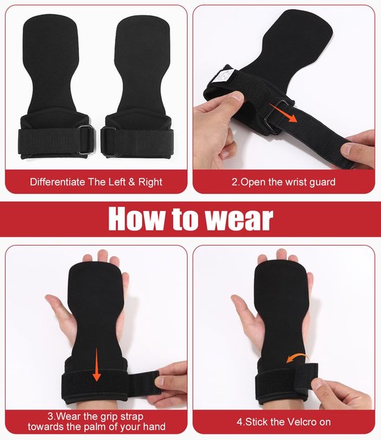 Instructies voor het dragen van de polsbanden: links en rechts onderscheiden, polsbeschermer openen, grip strap dragen, klittenband vastmaken.