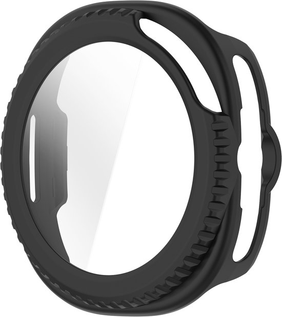 Zwart hoesje met uitsparingen en een verhoogde, gekartelde rand rond een glasplaat.