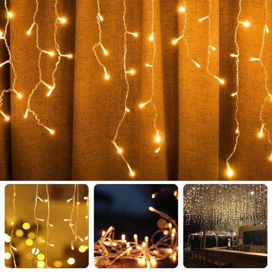 Foto: Cheqo ijspegel lichtgordijn voor buiten en binnen licht gordijn kerstverlichting kerstlampjes kerstboomverlichting 300 cm warm wit led met afstandsbediening waterdicht