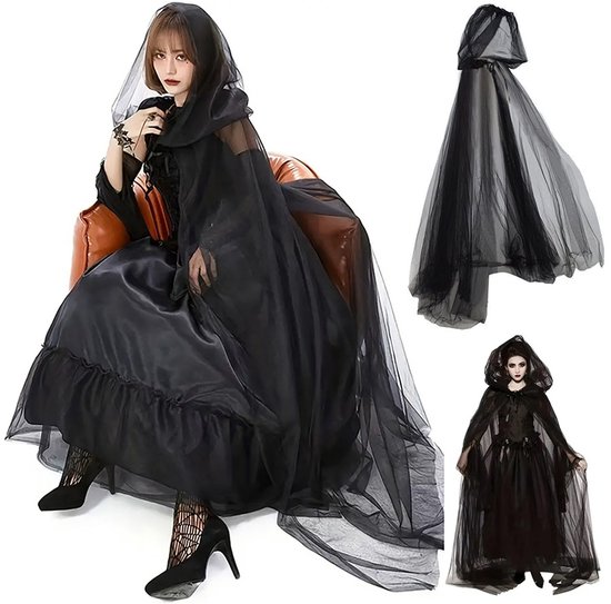 halloween decoratie-halloween kostuum-Halloween-Tule cape met capuchon voor dames met lange sleep Elfencape met capuchon - Geschikt voor Halloween-bruiloftscosplay - Lange cape - Balvoorstellingskostuum - Vakantiecosplay (zwart - 150-170*50)