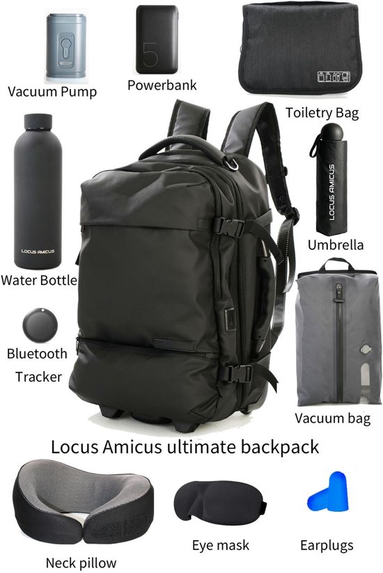 Locus Amicus Luxe 2-in-1 Handbagage Koffer & Rugzak - 11-delig Reispakket met Powerbank & Tracker - Ideaal Reiscadeau