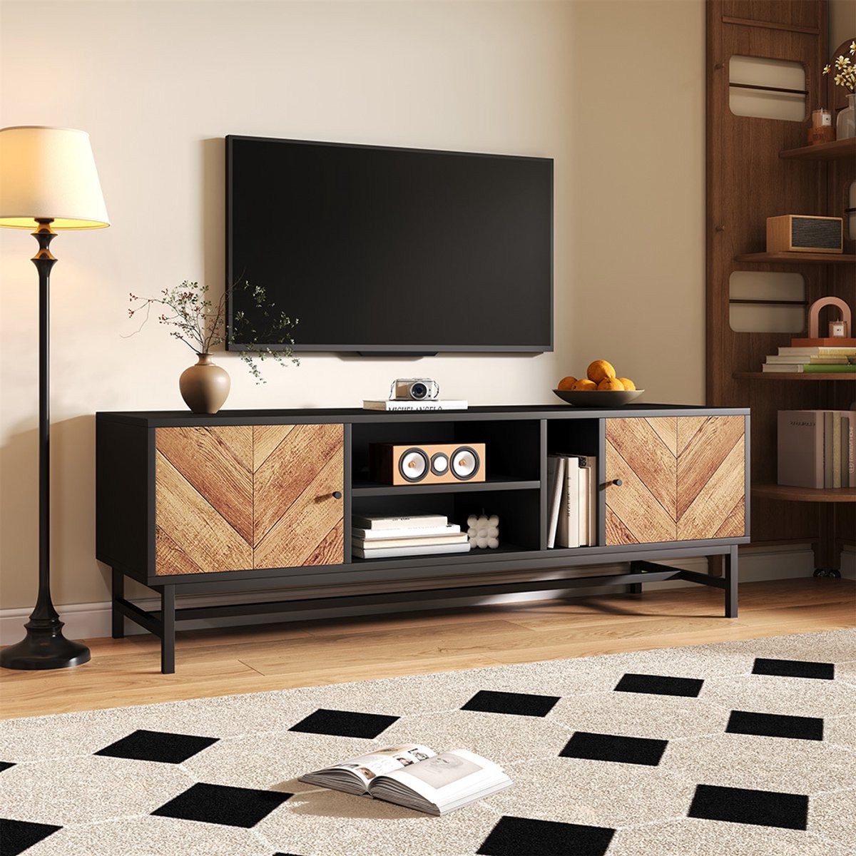 TV meubel 150 cm modern minimalistisch met horizontale en verticale opbergvakken Zwart
