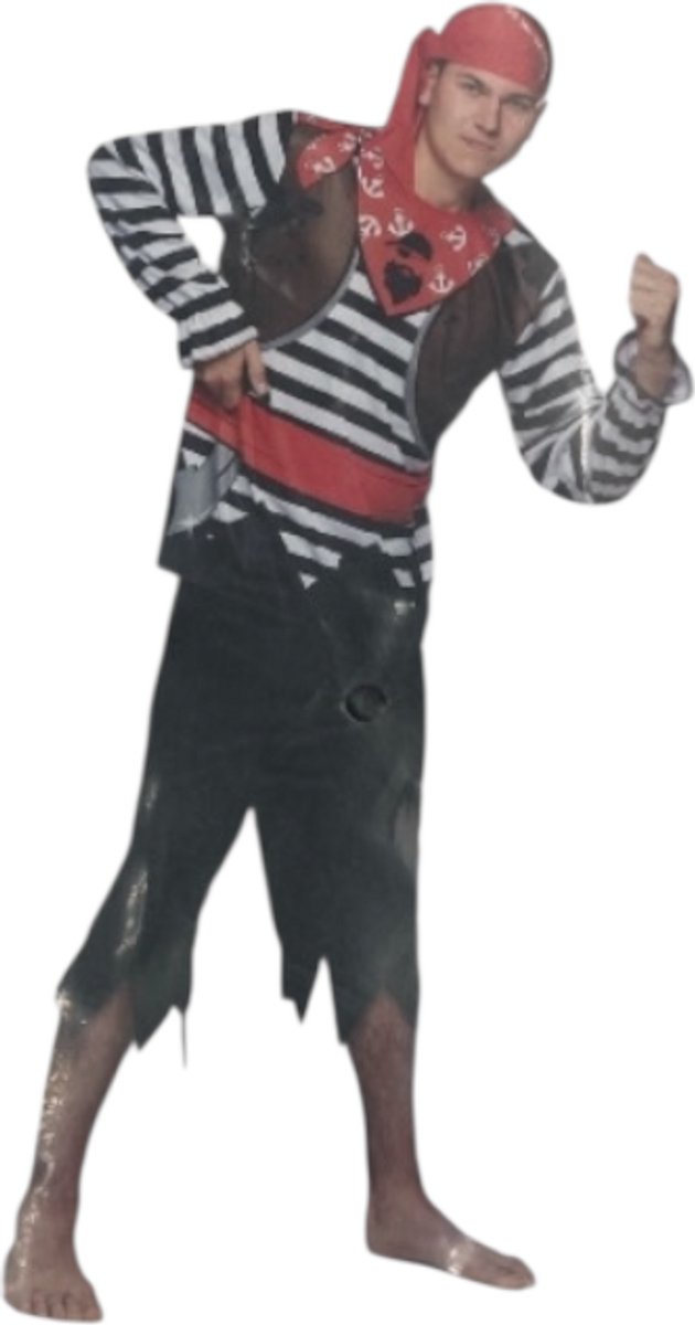 Sexy Piratenkostuum Mannen – Zwarte Broek, Gestreepte Blouse & Rode Hoofddoek – Maat M