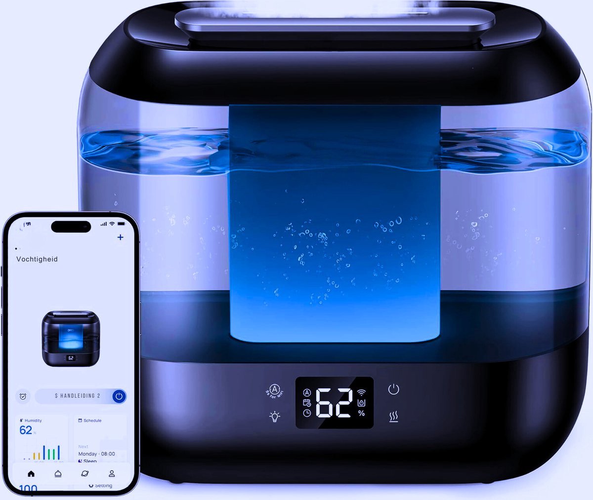 Thuys – Slimme 4L Luchtbevochtiger – Voor Slaapkamer Met Vochtigheidssensor – Automatische Modus – En Stille Ultrasone Technologie
