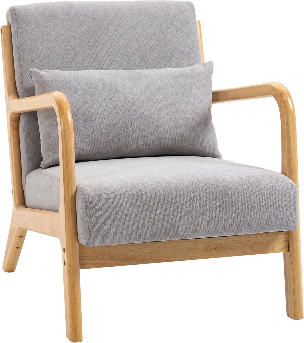 Merax Loungestoel Grijs Fluweel met Armleuning en Lendenkussen – Comfortabele Fauteuil met Houten Frame