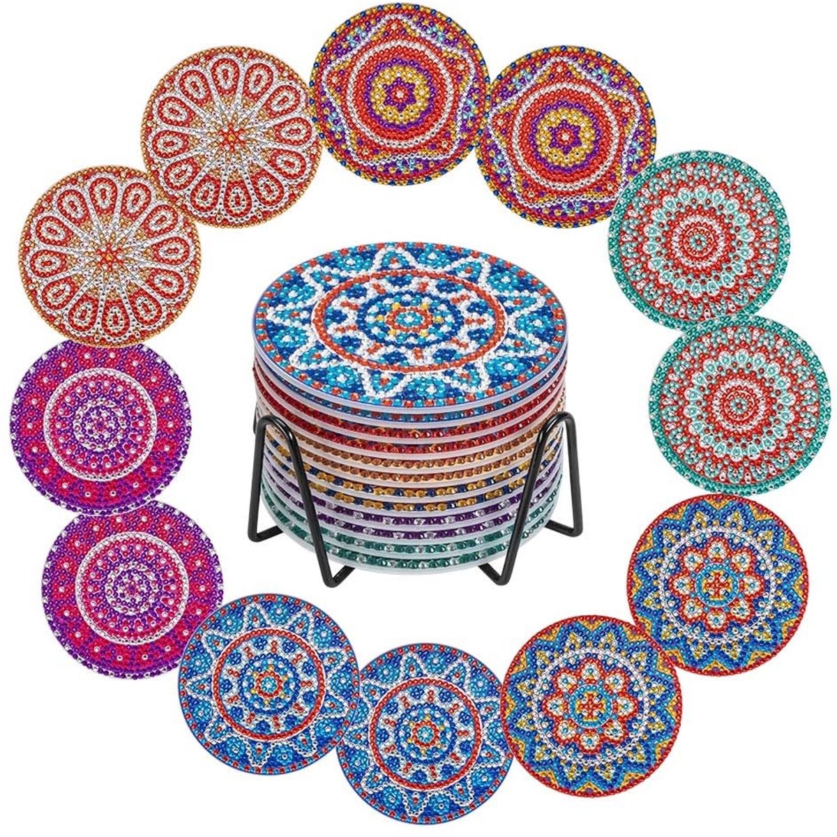 Ideeën met hart: 12 Diamond Painting onderzetters met metalen standaard | 12 kurken onderzetters | Inclusief diamanten en gereedschap | 29 stuks (Mandala 02)