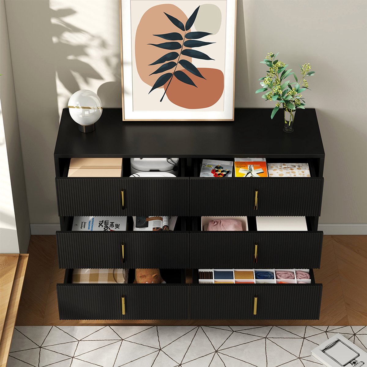 KOMHTOM Commode Elegante en grote opbergruimte met gouden handgrepen modern Zwart