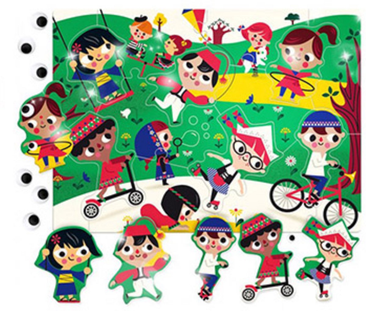 Ludattica Puzzel Kinderen van de Wereld – 70 x 50 cm – 16 Stuks – Inclusief Stickervel met Wiebeloogjes – 3+ Jaar