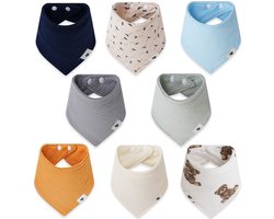 Norinori Baby Driehoekige Slabbetjes 8-Pack Kwijl Slabbetjes 100% Zacht & Absorberend Katoen Dubbelzijdig gebruiksontwerp met 2 Verstelbare Drukknopen Muslin Bandana voor Kwijlen en Tandjes krijgen