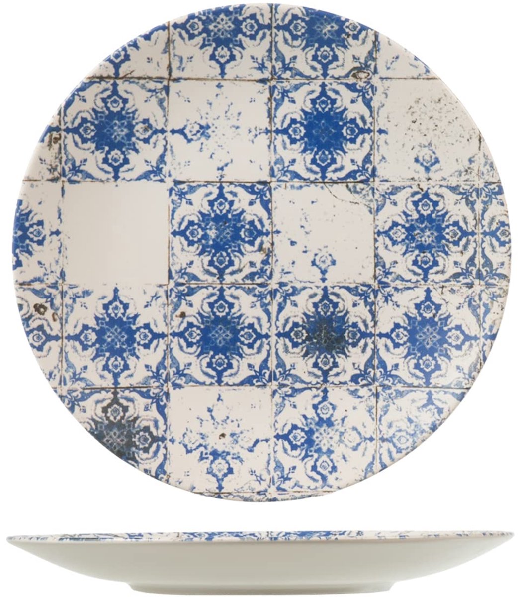 H&H set van 12 lotus aardewerk dinerborden, blauw en ivoor, 28 cm