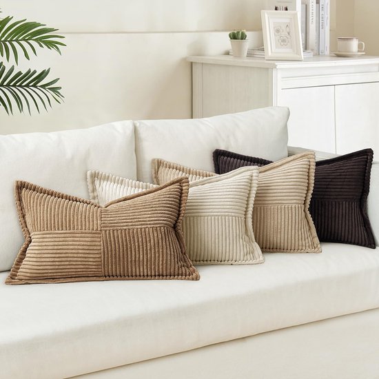 Foto: Unyqoos set van 4 stijlvolle zachte corduroy kussenslopen met patchwork design voor diverse interieurstijlen