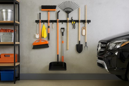 TOJ Bezemhouder - Tuingereedschap / Bezem Ophangsysteem - Gereedschapshouder - 7 Houders & 8 Haken - 82CM - RVS - Mat Zwart van TOJ — afbeelding 2