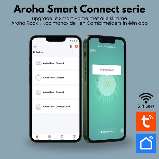 Twee smartphones met Aroha Smart Connect app, toont meerdere apparaten en alarmstatus. 2.4 GHz WiFi.
