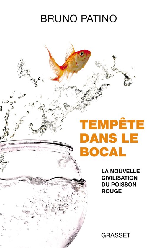 Poisson rouge sautant hors d'un bocal en verre rempli d'eau, avec le texte 'TEMPÊTE DANS LE BOCAL'.
