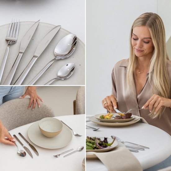 Collage van Deleca Amor bestek: close-up op servies, gedekte tafel en een vrouw die eet.