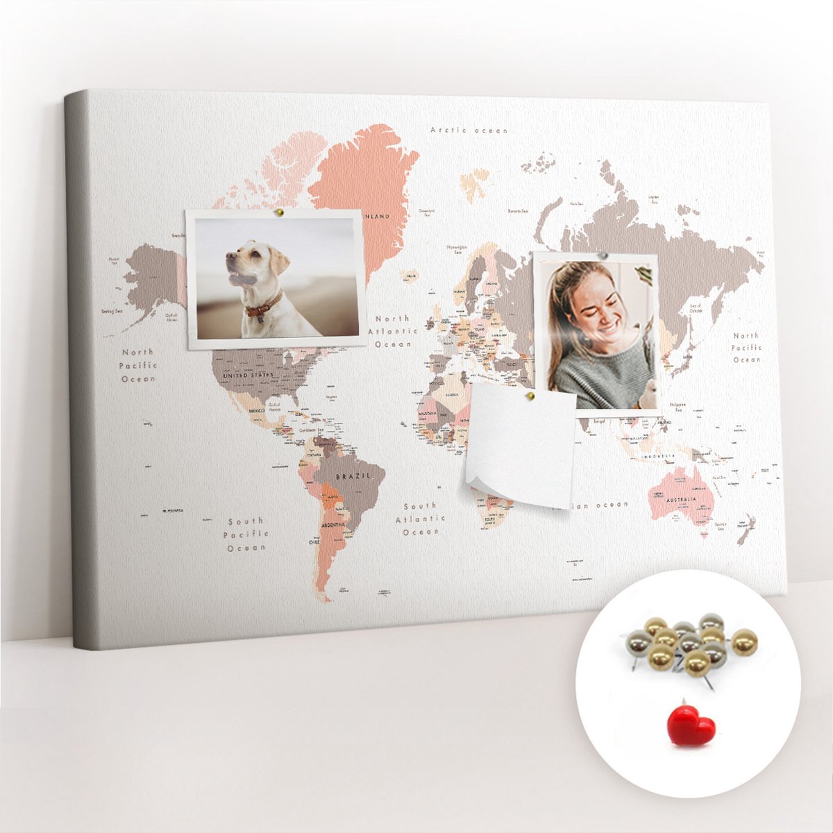 Tulup Prikbord - Gedetailleerde wereldkaart Memobord Van Kurk - 60 cm x 40 cm - Bruin Prikbord - Metalen Pinnen - Kurk Prikbord - Kurkbord Voor Kantoor - Kurk Bedrukken - Decoratief Kurkbord - Kurk Prikbord Canvas