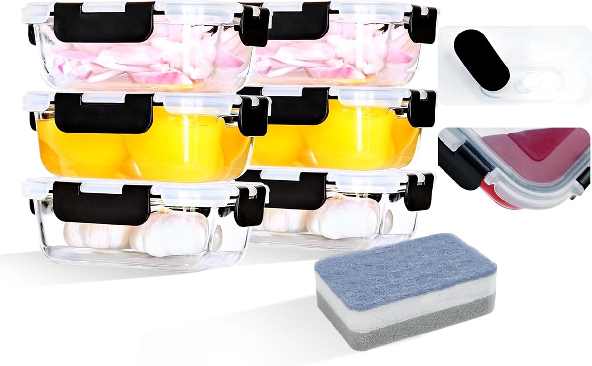 Glazen vershouddozen met deksel, 6 blikjes + 6 deksels, glas met deksel, 370 ml, transparante glazen container, lekvrije vershouddozen van glas, BPA-vrije glazen container met deksel