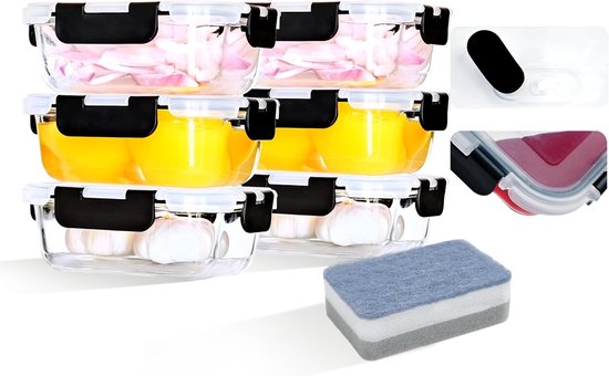 Glazen vershouddozen met deksel, 6 blikjes + 6 deksels, glas met deksel, 370 ml, transparante glazen container, lekvrije vershouddozen van glas, BPA-vrije glazen container met deksel