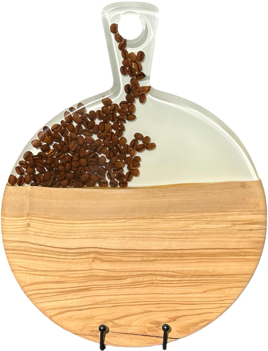 Luxe Serveerplank van Olijfhout en Epoxy – Handgemaakt – Met Ingelegde Koffiebonen