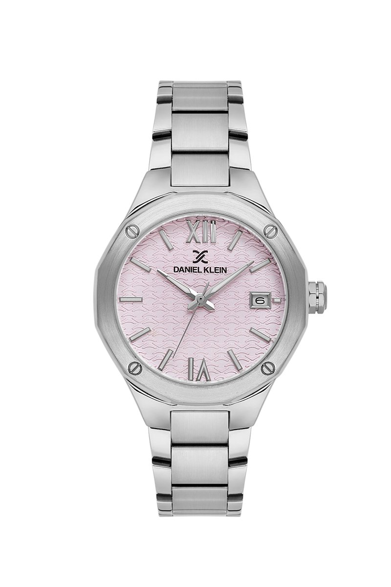 Daniel Klein DK.1.13938-1 - Horloge - Polshorloge - Analoog - Dames - Vrouwen - stalen band - Dodecagon - Metaal - Datumaanduiding - Streepjes - Romeinse Cijfers - Zilverkleurig - Roze