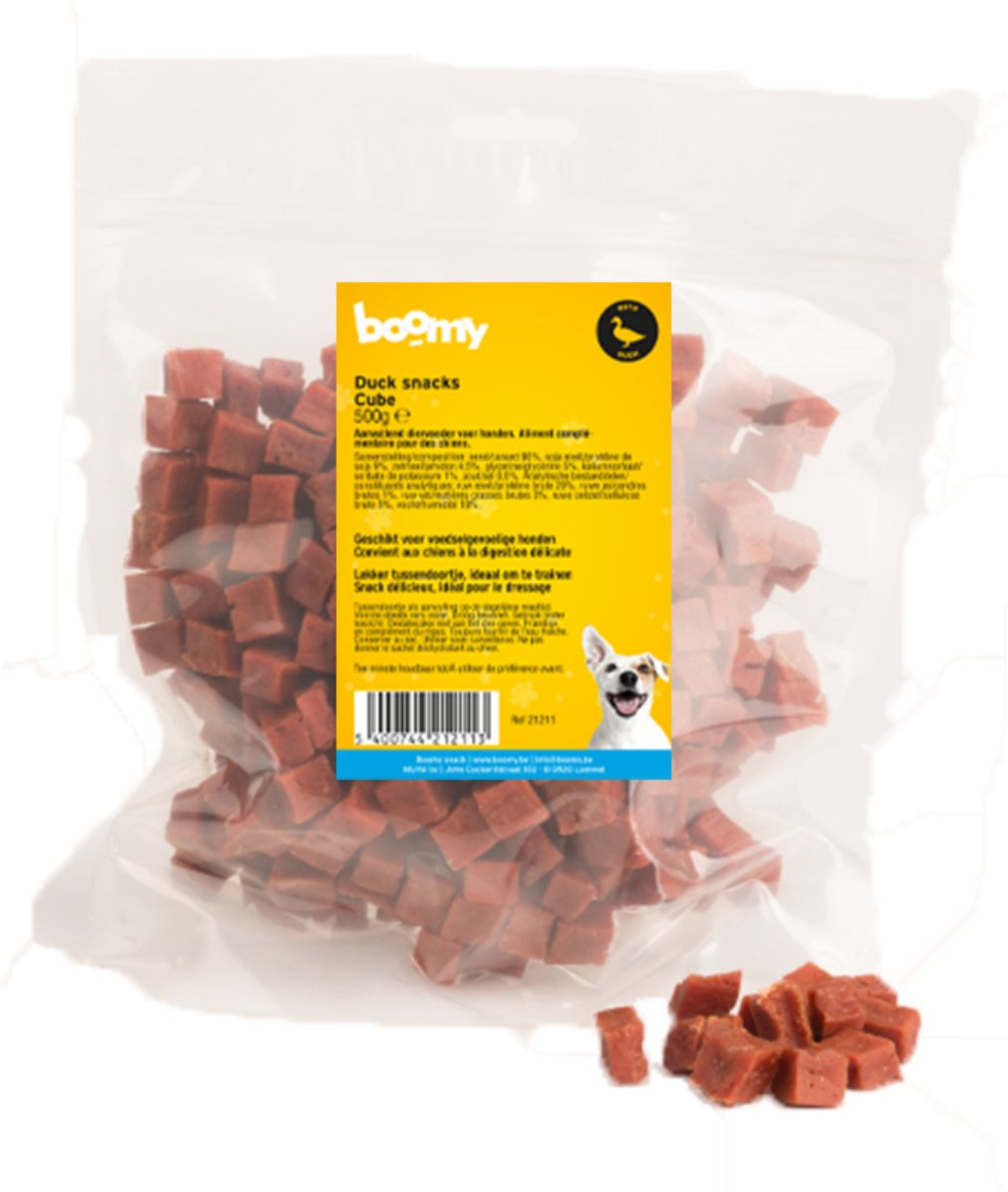 Boomy - Hypoallergene hondensnacks - Glutenvrije hondensnoepjes -Vetarme snacks voor beloning of training - Zachte blokjes eend - 500g
