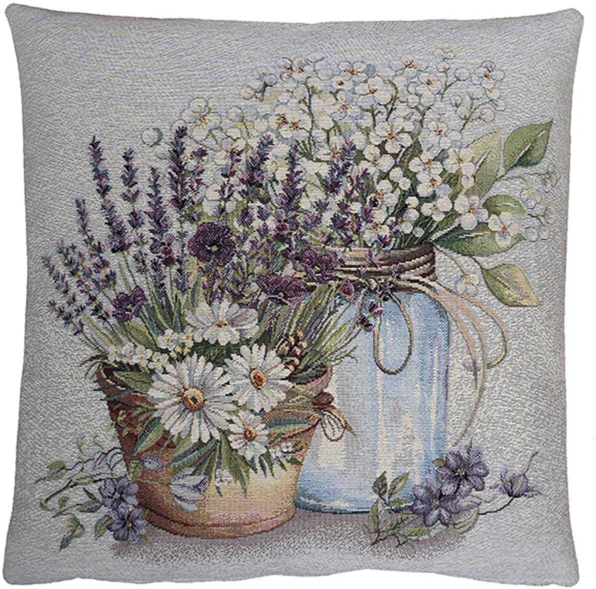 Kussenhoes - Luxe gobelinstof - Witte bloemen - Lavendel - Bloemen – 45 x 45 cm