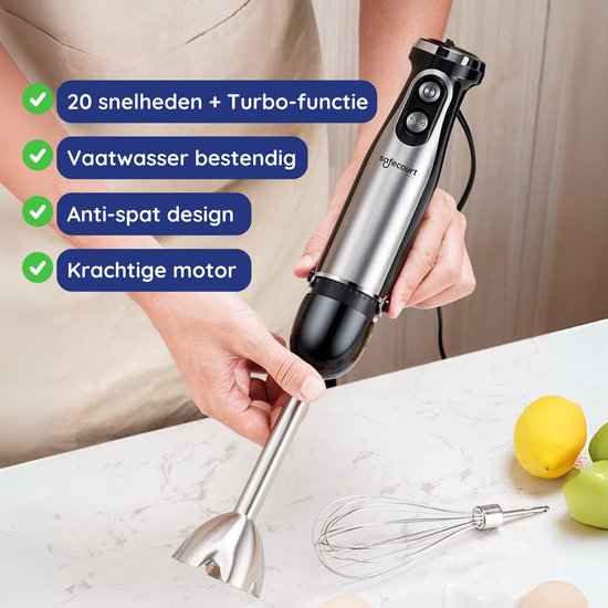 Handmixer van roestvrij staal en zwart met 20 snelheden en turbofunctie.