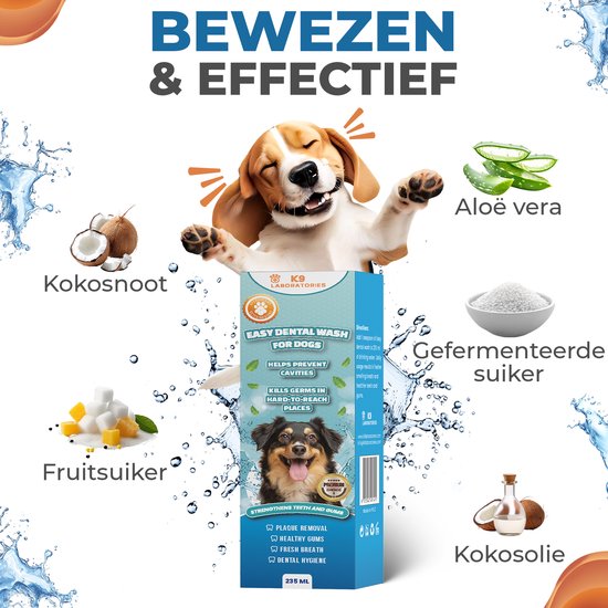 K9 Laboratories Easy Dental Wash voor honden met afbeeldingen van kokosnoot, aloë vera, fruitsuiker en gefermenteerde suiker.