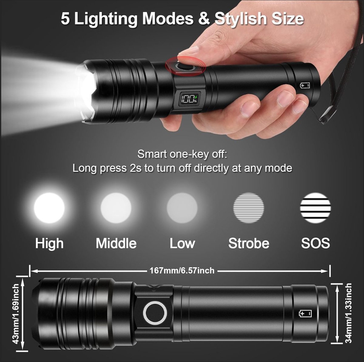 Oplaadbare zaklamp 50.000 lumen, groot bereik, superheldere USB C LED-zaklamp met lange levensduur, 5 modi, krachtige zoombare zaklampen, voor noodgevallen, wandelen en kamperen — cadeau in Sport & Outdoor - foto 2