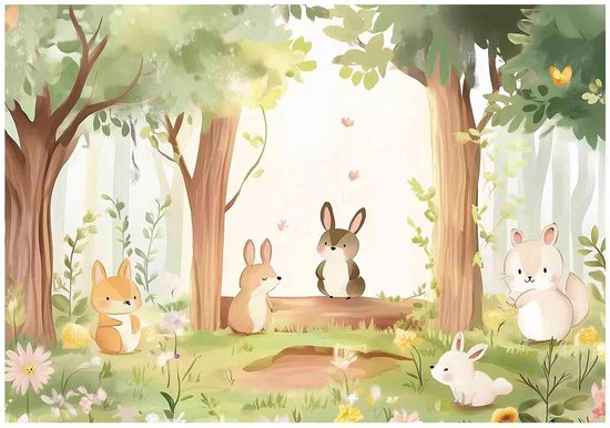 WALLARENA - Fotobehang - 250x175 cm - leuke dieren in het bos met bomen voor de kinderkamer