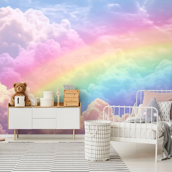 WALLARENA - Fotobehang - 300x210 cm - fotobehang voor kinderen met een regenboog en wolken, ideaal voor de kinderkamer