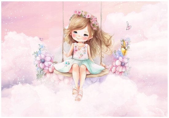 Een schattig meisje met een bloemenkrans, zittend op een schommel in de wolken, met bloemen en vlinders.