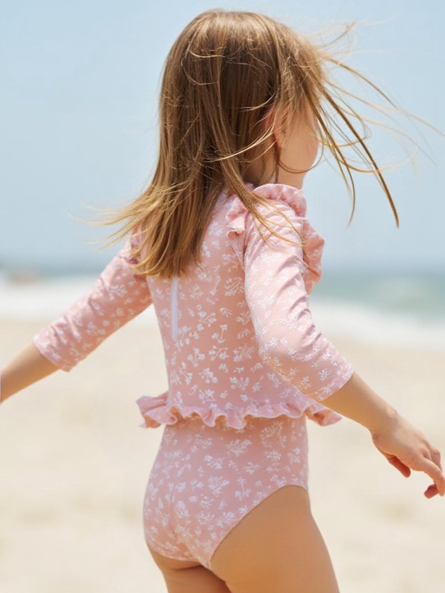 Joya Kids® Badpak Lange Mouw Oud Roze met Bloemen print met Ruches Meisjes | Zwempak met ruches UV Badpak Roze Gebloemd | Zwempak Lange Mouw UV Bescherming | Meisje Bikini Zomer | Kinderbadpak Peuter | | 5 - 6 Jaar — afbeelding 2