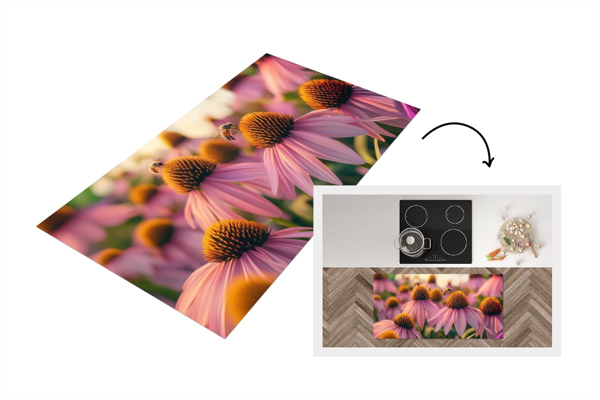 KitchenYeah Keukenloper 120x60 cm - Keukenmat vinyl Bloemen - Paars - Bijen - Keukenmatten loper - Keuken vloerkleed tapijt