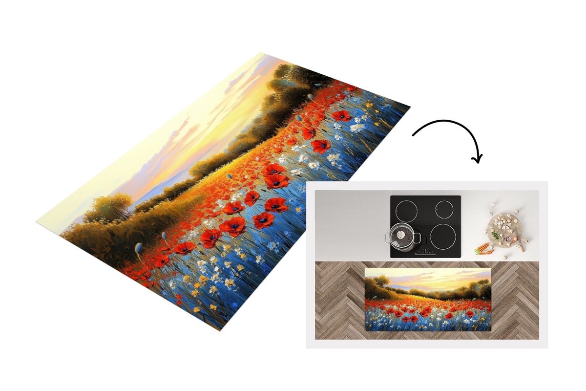 KitchenYeah Keukenloper 120x60 cm - Keukenmat vinyl Klaproos - Bloemenveld - Kleurrijk - Keukenmatten loper - Keuken vloerkleed tapijt Klaprozen - Bloemenveld