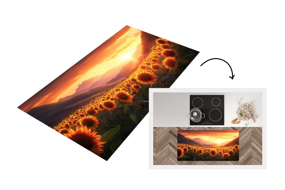 KitchenYeah Keukenloper 120x60 cm - Keukenmat vinyl Zonnebloemen - Zonsondergang - Landschap - Keukenmatten loper - Keuken vloerkleed tapijt Bloemen - Zonnebloemen