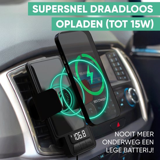 Telefoon in een zwarte telefoonhouder in een auto, draadloos opladend met 95% batterij. Groene cirkels met bliksem.